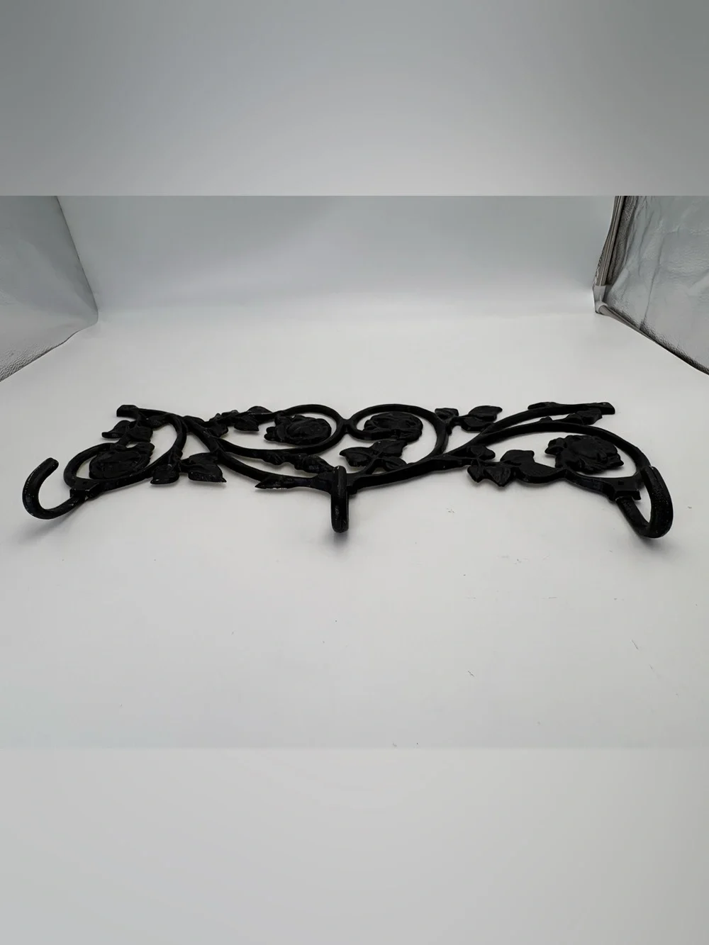 Gorgeous Vintage Black Floral Cast Iron Wall Hook - Decorative with 3 Hooks